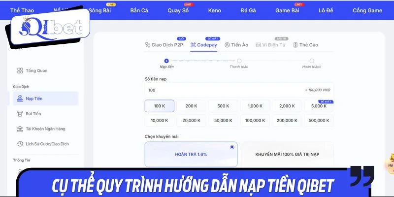 Cụ thể quy trình hướng dẫn nạp tiền Qibet 